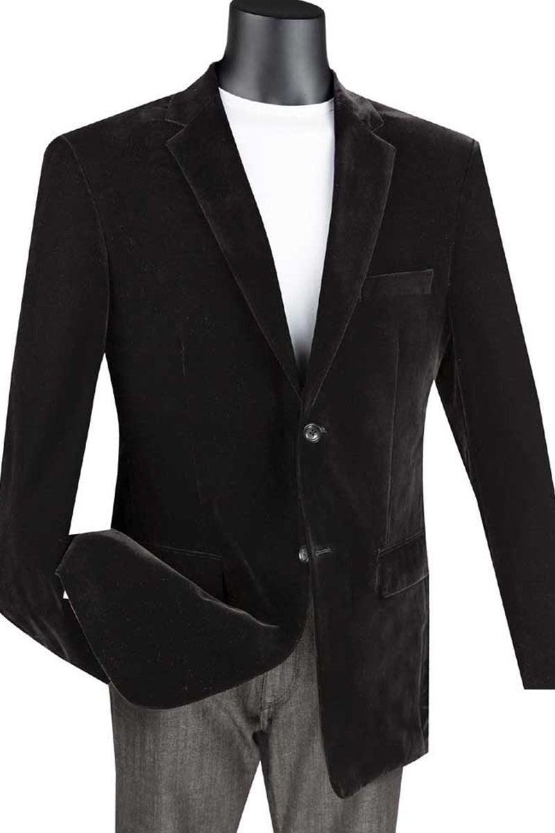 Vinci Men's 2-Button Regular Fit Velvet Blazer, Black - Elegant Mensattire