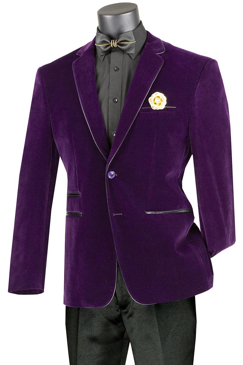 "Vinci Men's 2-Button Velvet Blazer w/ Black Leather Piping Trim - Purple" - Elegant Mensattire