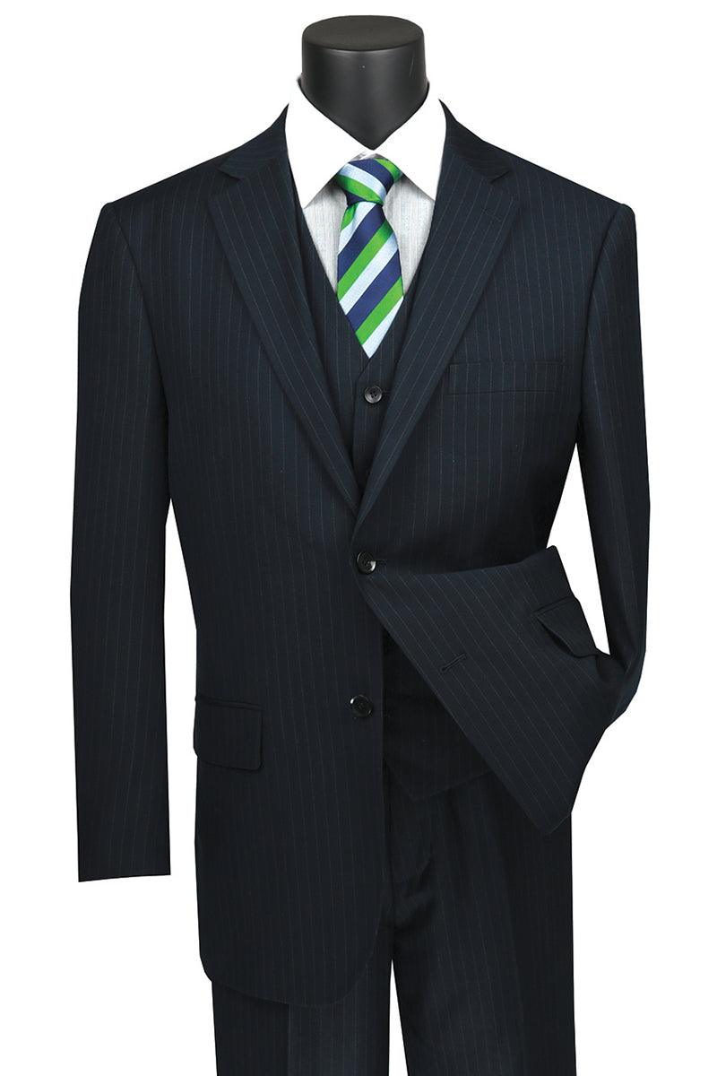 Vinci Men's Banker Navy Pinstripe Suit with Classic-Fit Pleated Pant. - Elegant Mensattire