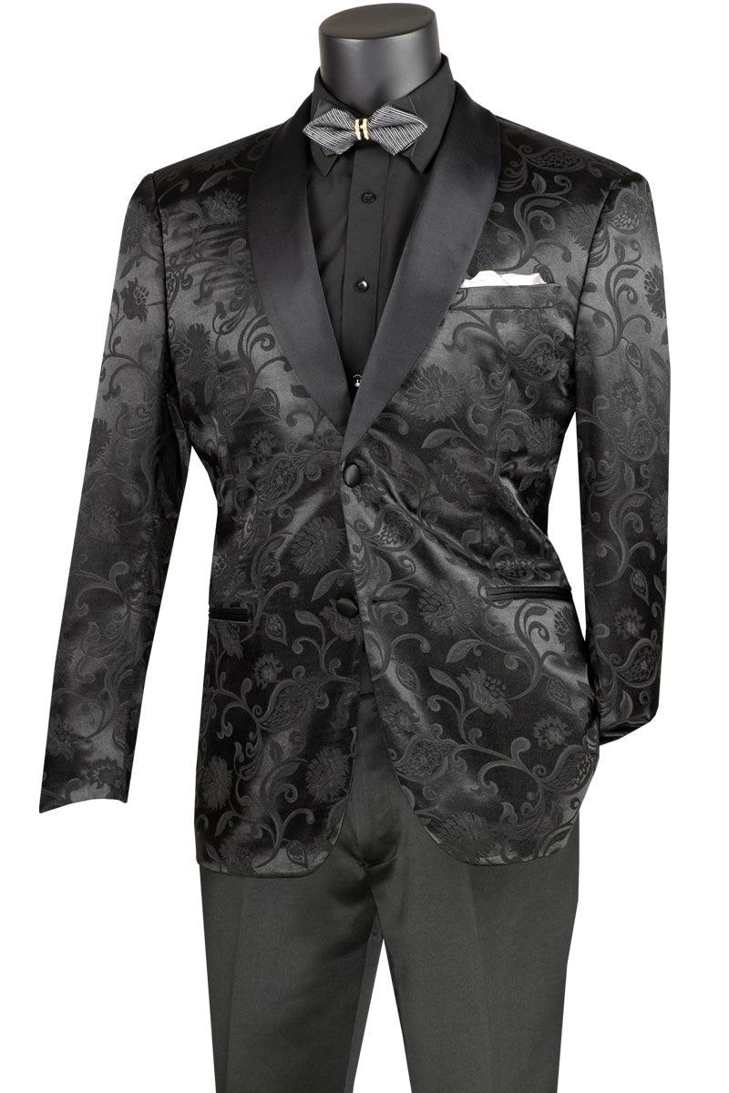 Vinci Men's Black Prom Blazer: Slim Fit Paisley Jacquard - Elegant Mensattire