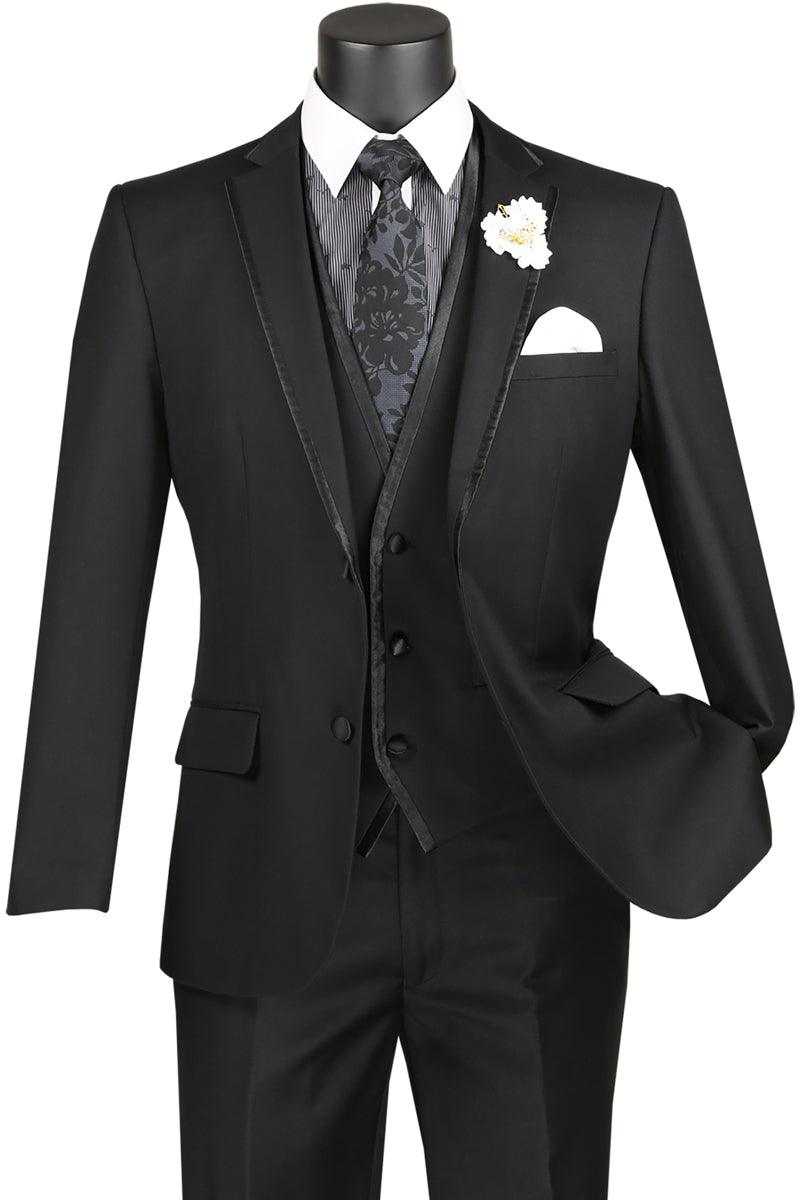 "Vinci Men's Black Vested Wedding Tuxedo: Timeless Semblance of Class" - Elegant Mensattire