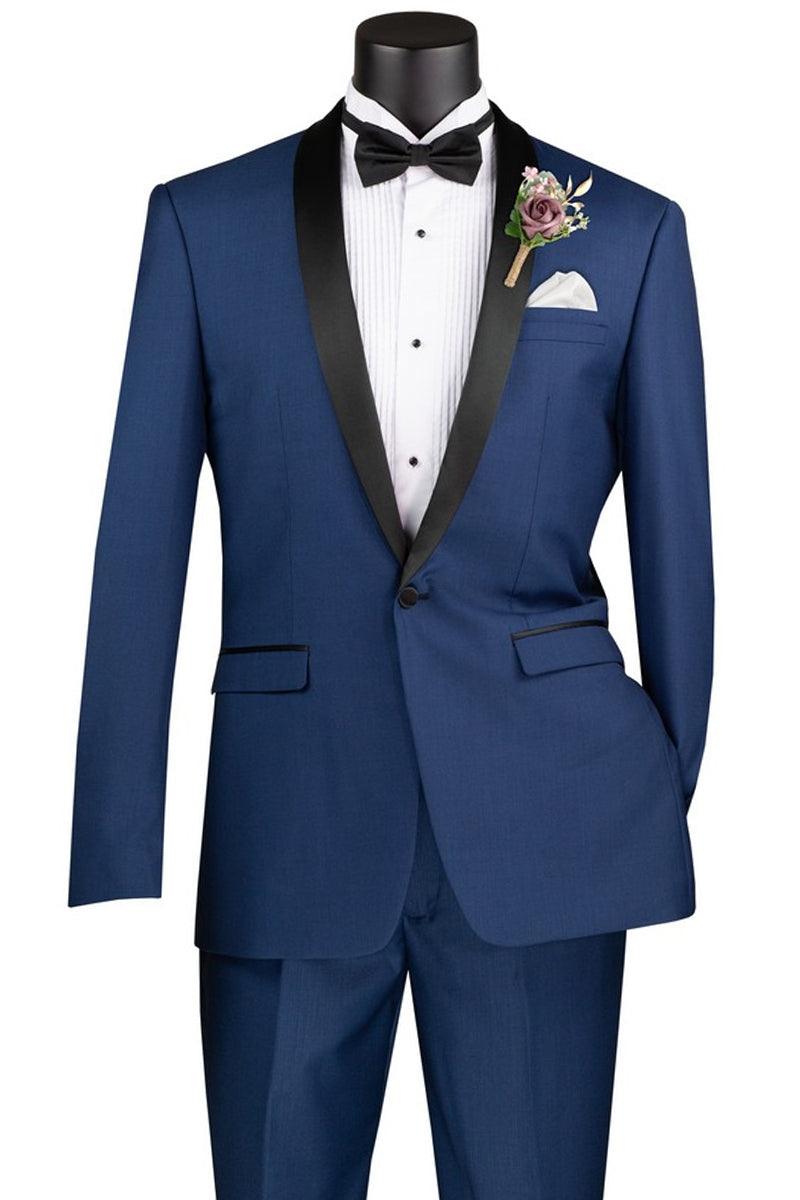 Vinci Men's Blue Slim Fit Shawl Collar Tuxedo - Elegant Mensattire