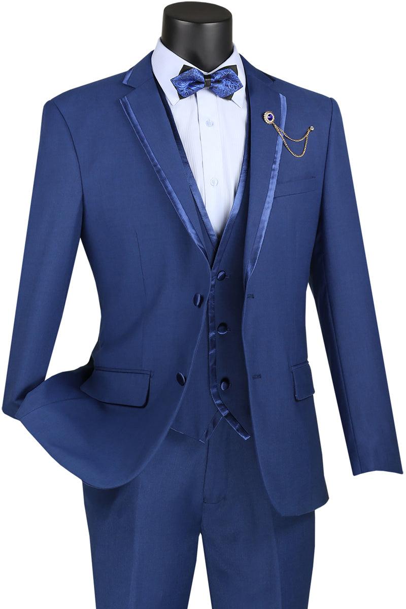 Vinci Men's Blue Vested Wedding Tuxedo Trim Jacket - Elegant Mensattire