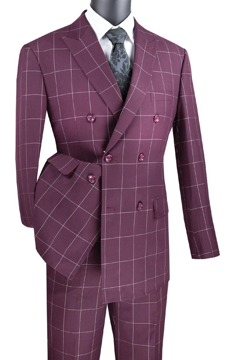 "Vinci Men's Bold Plaid Double-Breasted Suit - Burgundy Windowpane" - Elegant Mensattire