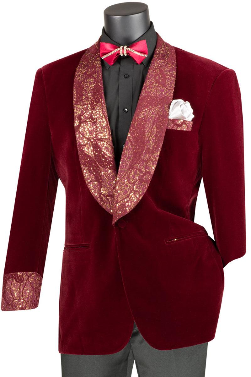 Vinci Men's Burgundy Velvet Paisley Glitter Prom Jacket - Elegant Mensattire