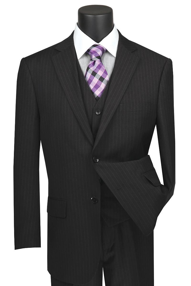 Vinci Men's Classic Banker Pin-Stripe Vested Suit Pant, Pleated Fit, Black - Elegant Mensattire