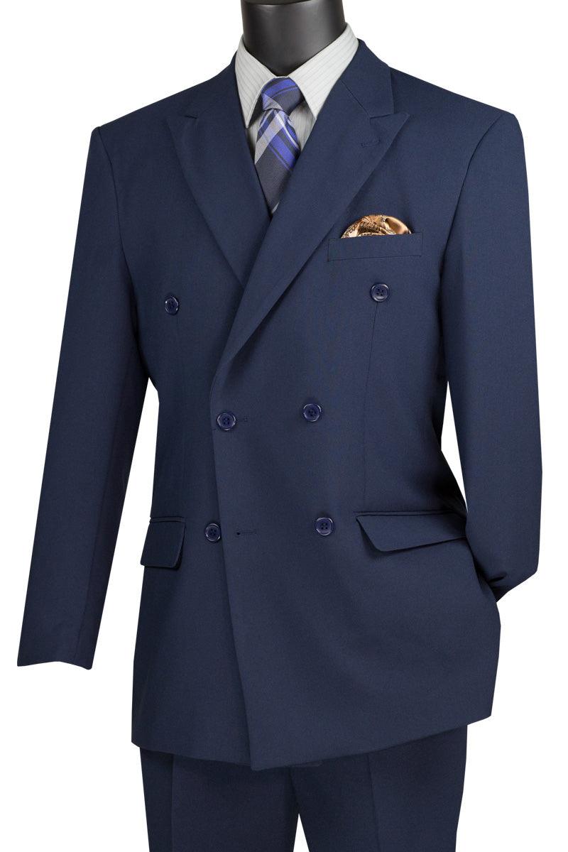 Vinci Men's Classic Navy Poplin Double-Breasted Suit - Elegant Mensattire