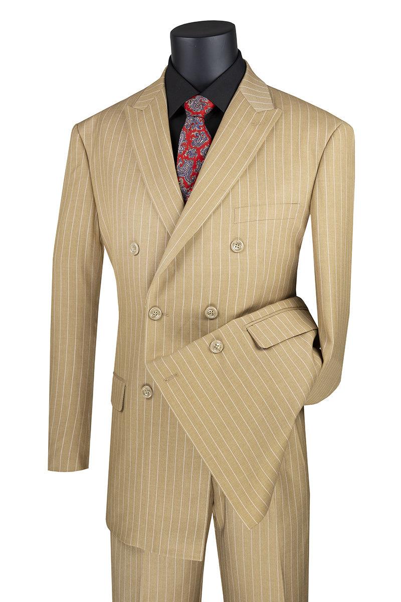 Vinci Men's Double-Breasted Gangster Pinstripe Suit in Camel - Elegant Mensattire