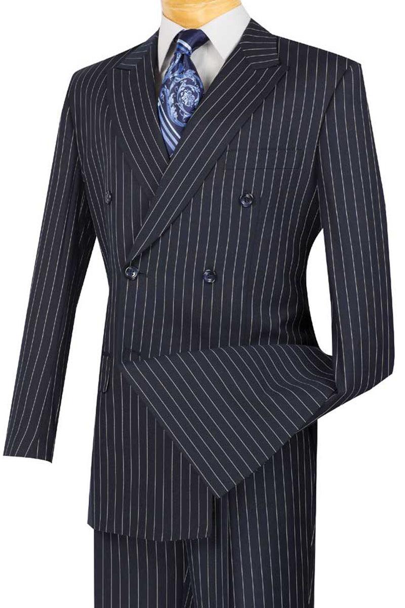 "Vinci Men's Double-Breasted Navy Gangster Bold Pinstripe Suit" - Elegant Mensattire