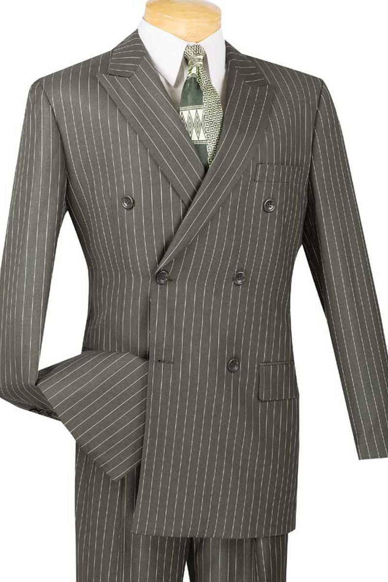 Vinci Men's Double Breasted Pinstripe Suit: Gangster Style Brown. - Elegant Mensattire