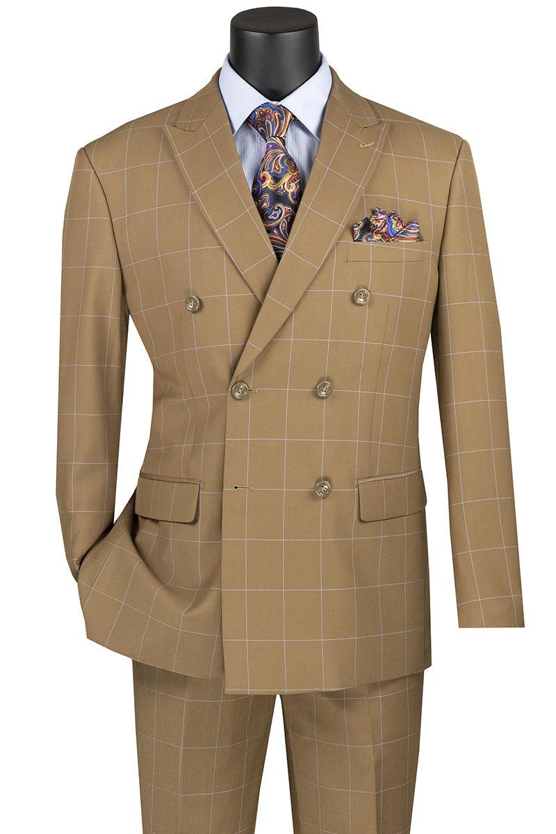 "Vinci Men's Double-Breasted Plaid Suit - Camel Bold Windowpane" - Elegant Mensattire