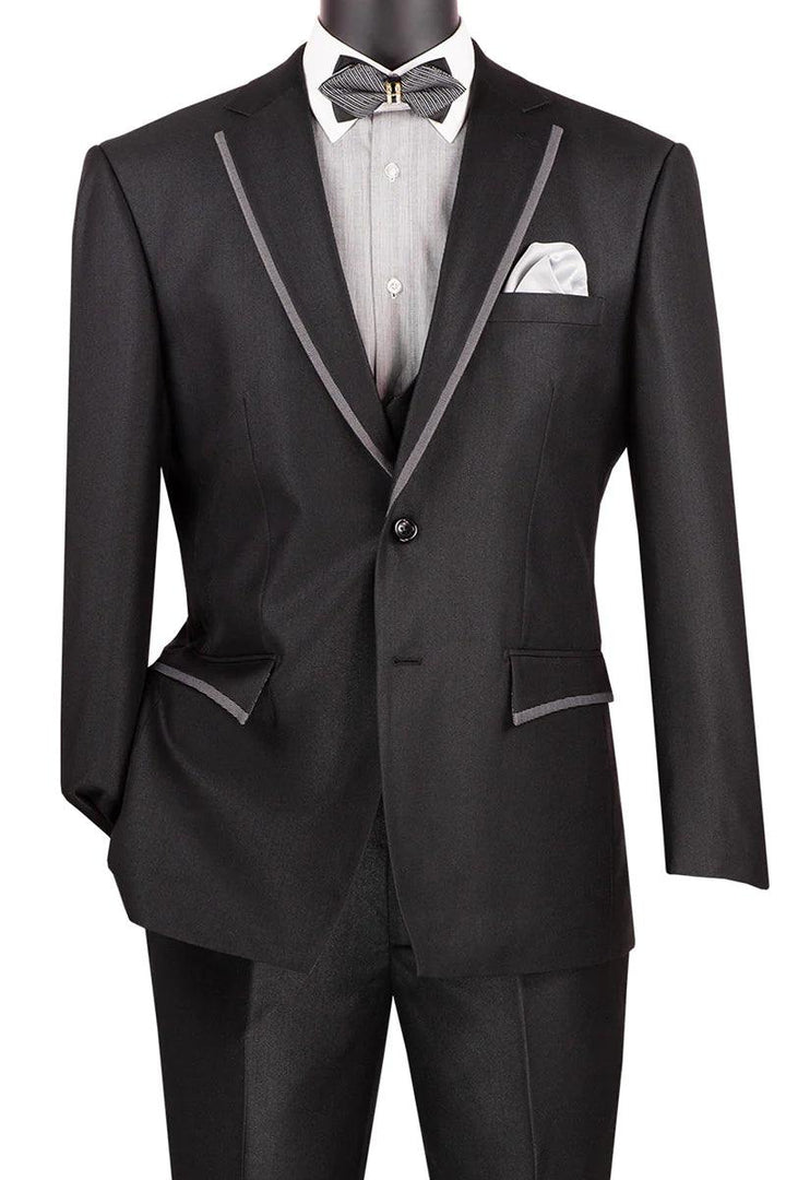 "Vinci Men's Double-Breasted Tuxedo + Vest—Modern-Fit, Satin-Trimmed Black Suit" - Elegant Mensattire