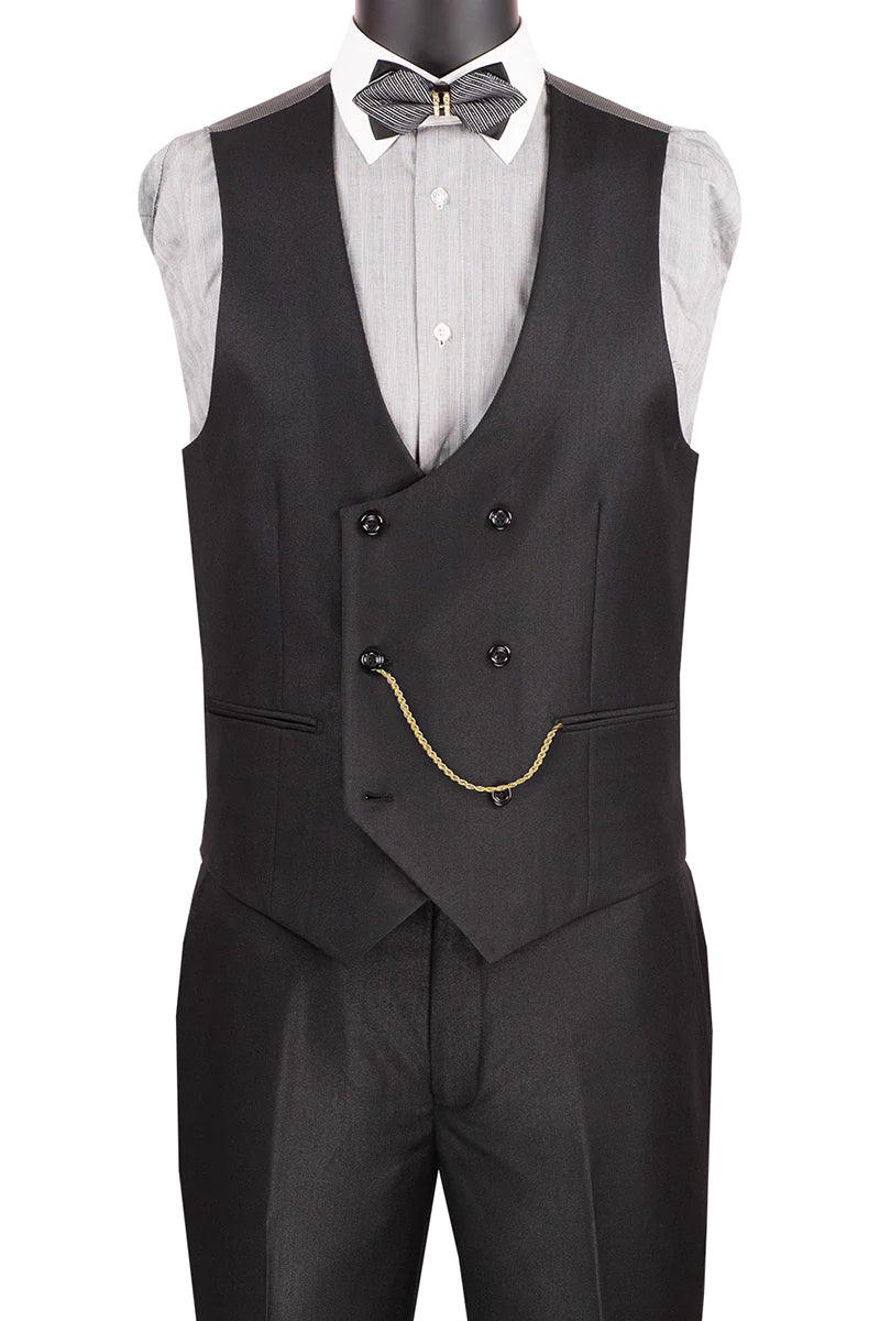 "Vinci Men's Double-Breasted Tuxedo + Vest—Modern-Fit, Satin-Trimmed Black Suit" - Elegant Mensattire