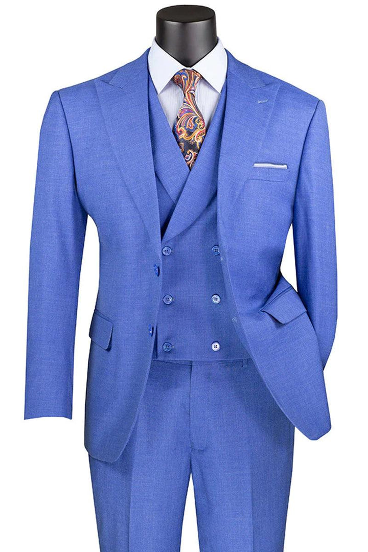 Vinci Men's French Blue Sharkskin Suit with Double Breasted Vest - Elegant Mensattire