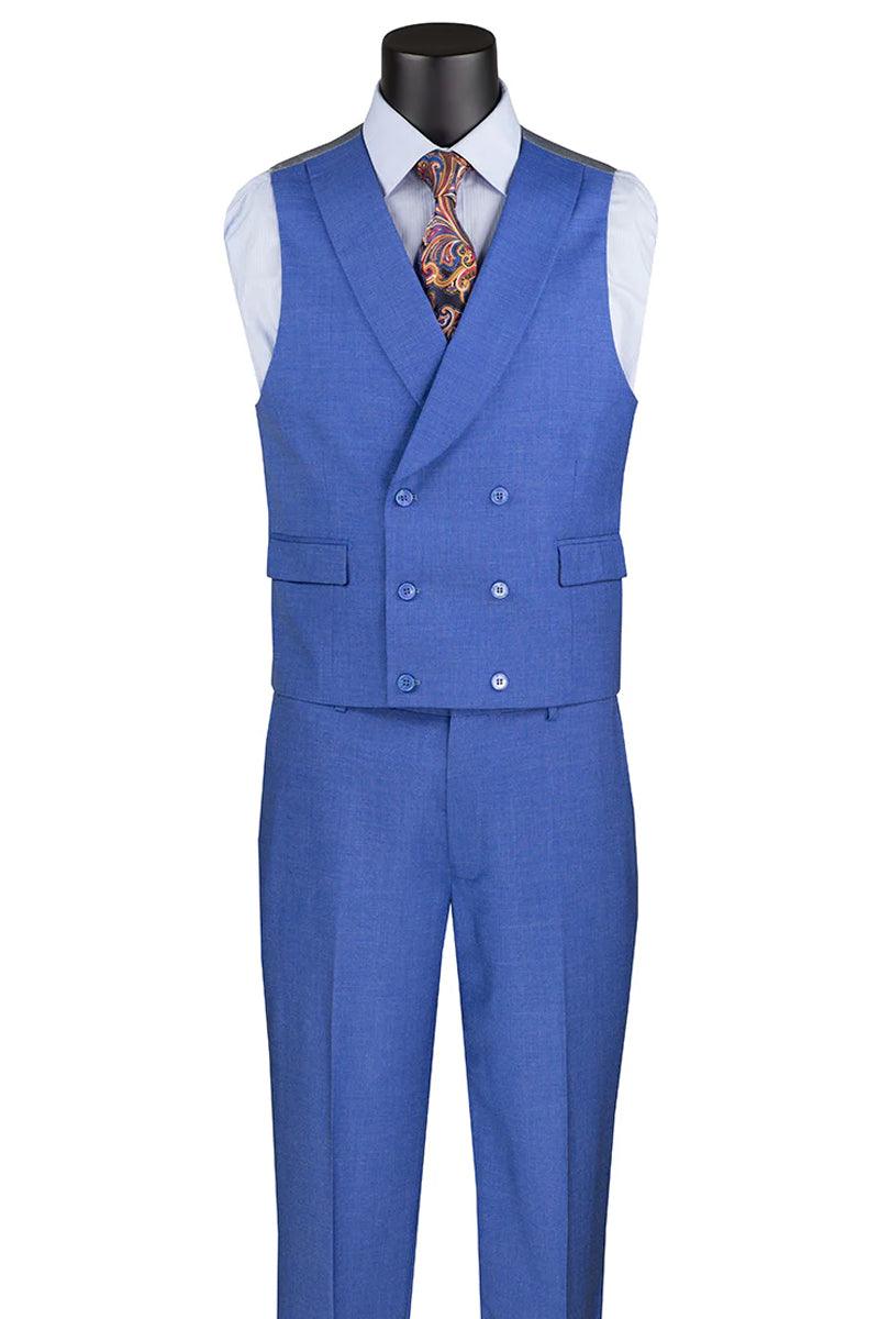 Vinci Men's French Blue Sharkskin Suit with Double Breasted Vest - Elegant Mensattire