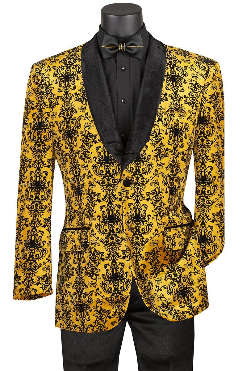 Vinci Men's Gold Jacquard Evening Jacket w/ Velvet Shawl Lapel - Elegant Mensattire