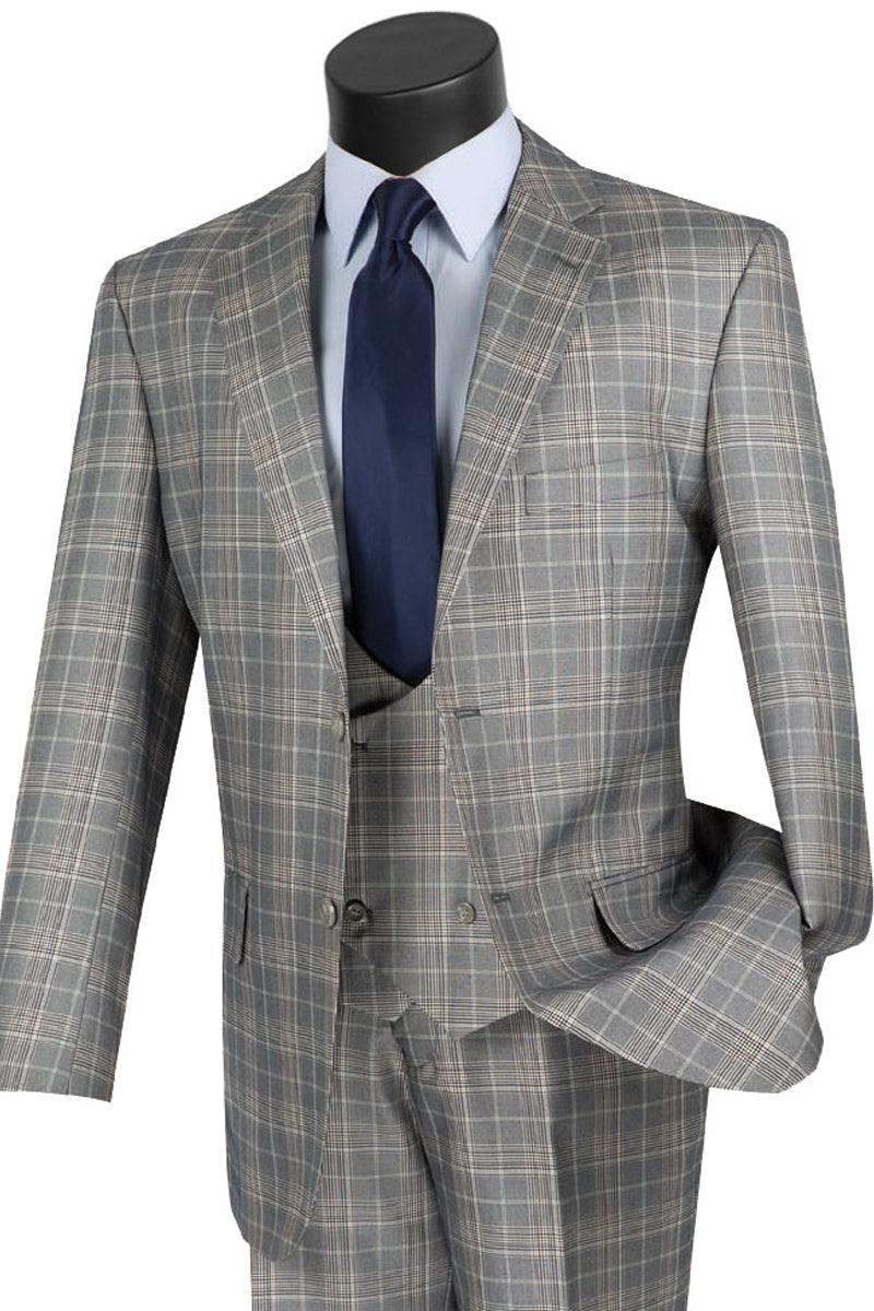 Vinci Men's Grey Windowpane 2-Button Vested Suit with Peak Lapels - Elegant Mensattire