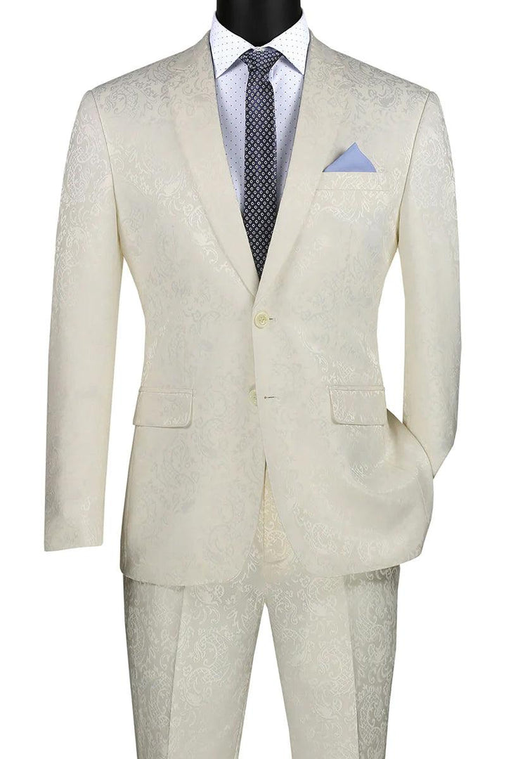 Vinci Men's Ivory Slim Fit Paisley Prom & Wedding Suit - Shine at Your Special Day - Elegant Mensattire