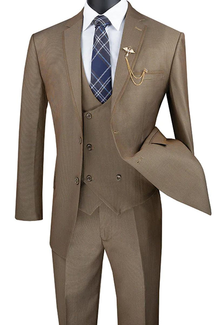 Vinci Men's Khaki Tuxedo Suit with Double Breasted Vest & Satin Trim. - Elegant Mensattire