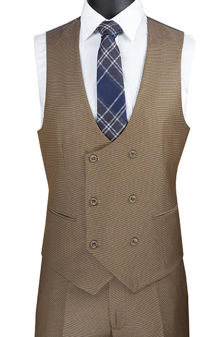 Vinci Men's Khaki Tuxedo Suit with Double Breasted Vest & Satin Trim. - Elegant Mensattire