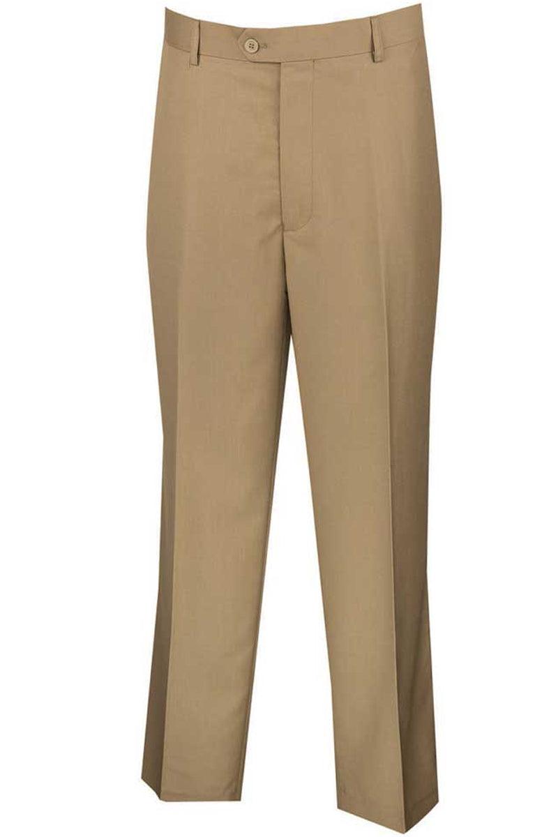 "Vinci Men's Khaki Wool-Feel Dress Pants - Regular Fit, Flat Front" - Elegant Mensattire