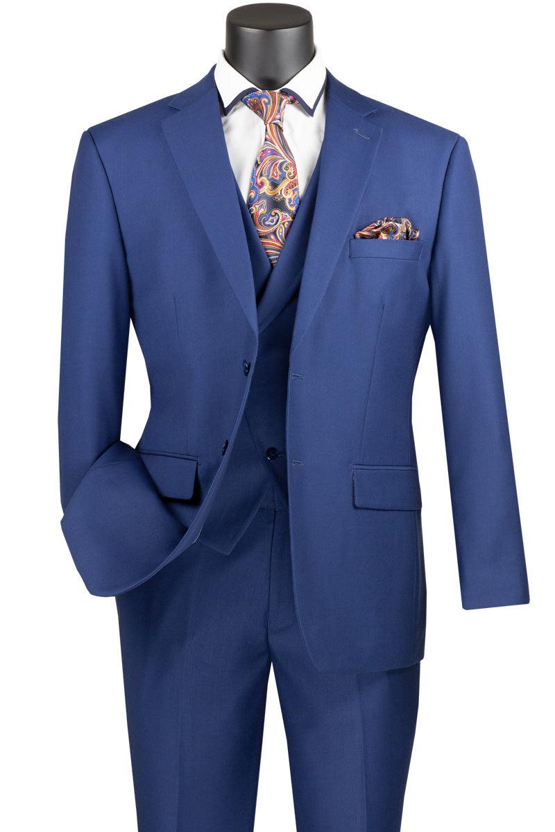 "Vinci Men's Modern 2-Button Suit & Peak Lapel Vest Set in Blue" - Elegant Mensattire