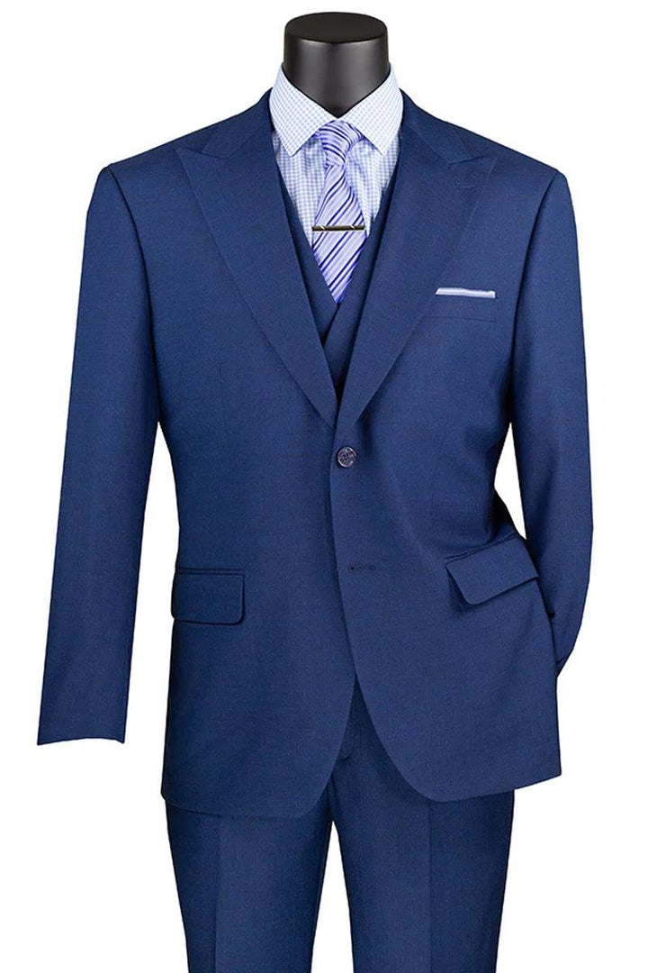 Vinci Men's Navy Blue Sharkskin Suit with Double Breasted Vest - Elegant Mensattire