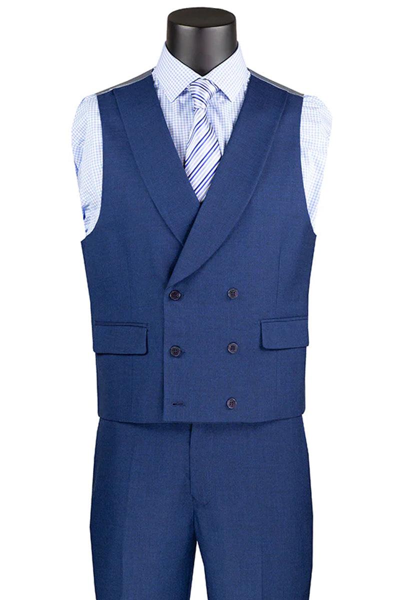 Vinci Men's Navy Blue Sharkskin Suit with Double Breasted Vest - Elegant Mensattire