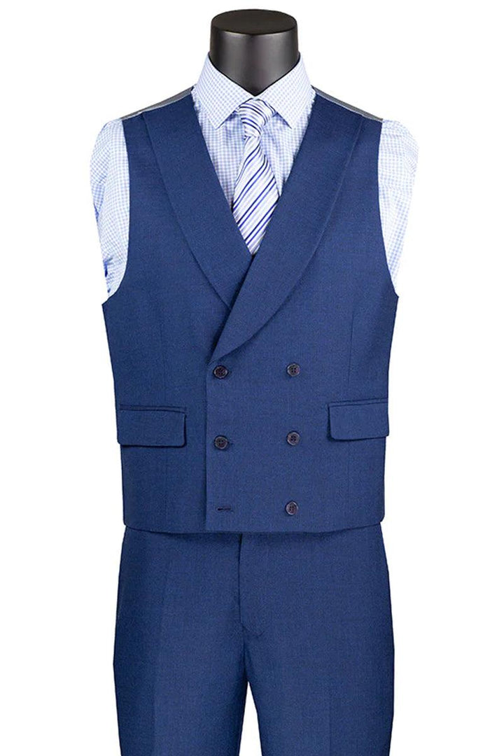 Vinci Men's Navy Blue Sharkskin Suit with Double Breasted Vest - Elegant Mensattire