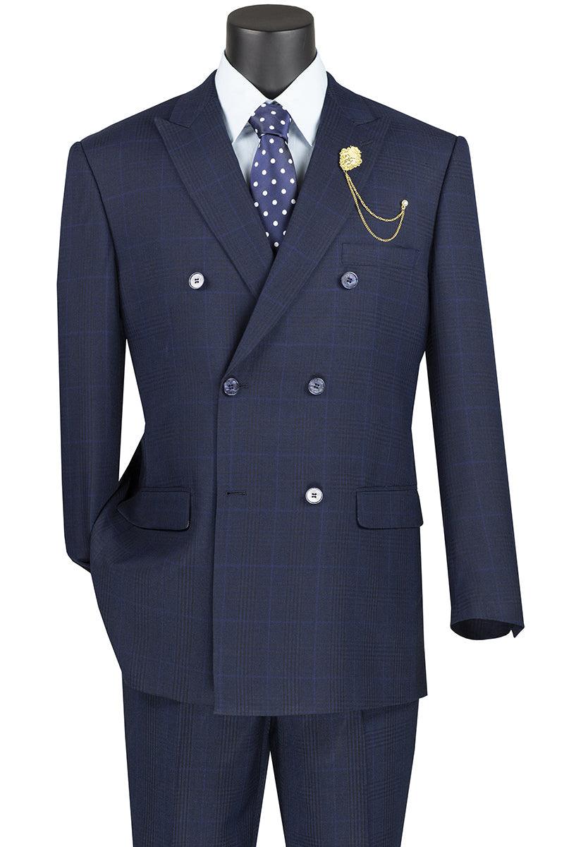 "Vinci Men's Navy Blue Windowpane Plaid Double-Breasted Suit" - Elegant Mensattire