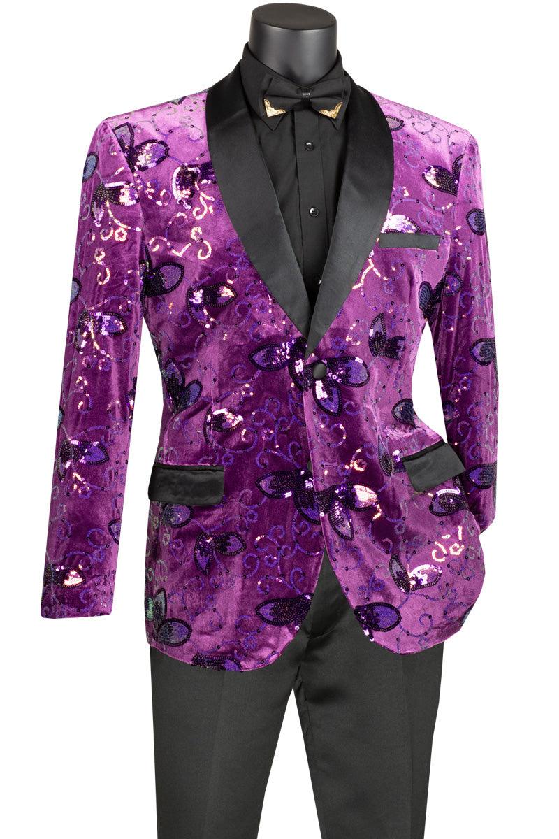 Vinci Men's Paisley Sequin Floral Slim Fit Prom Jacket, Purple - Elegant Mensattire