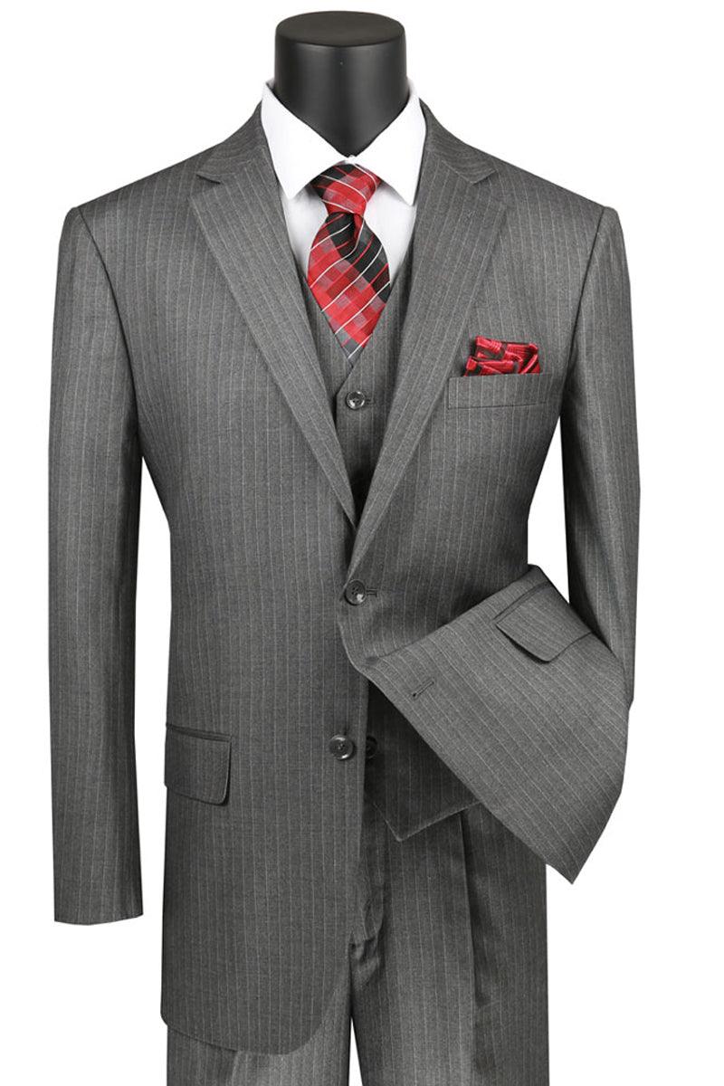 Vinci Men's Pinstripe Suit: Classic Fit, Pleated Pants, Gray - Elegant Mensattire