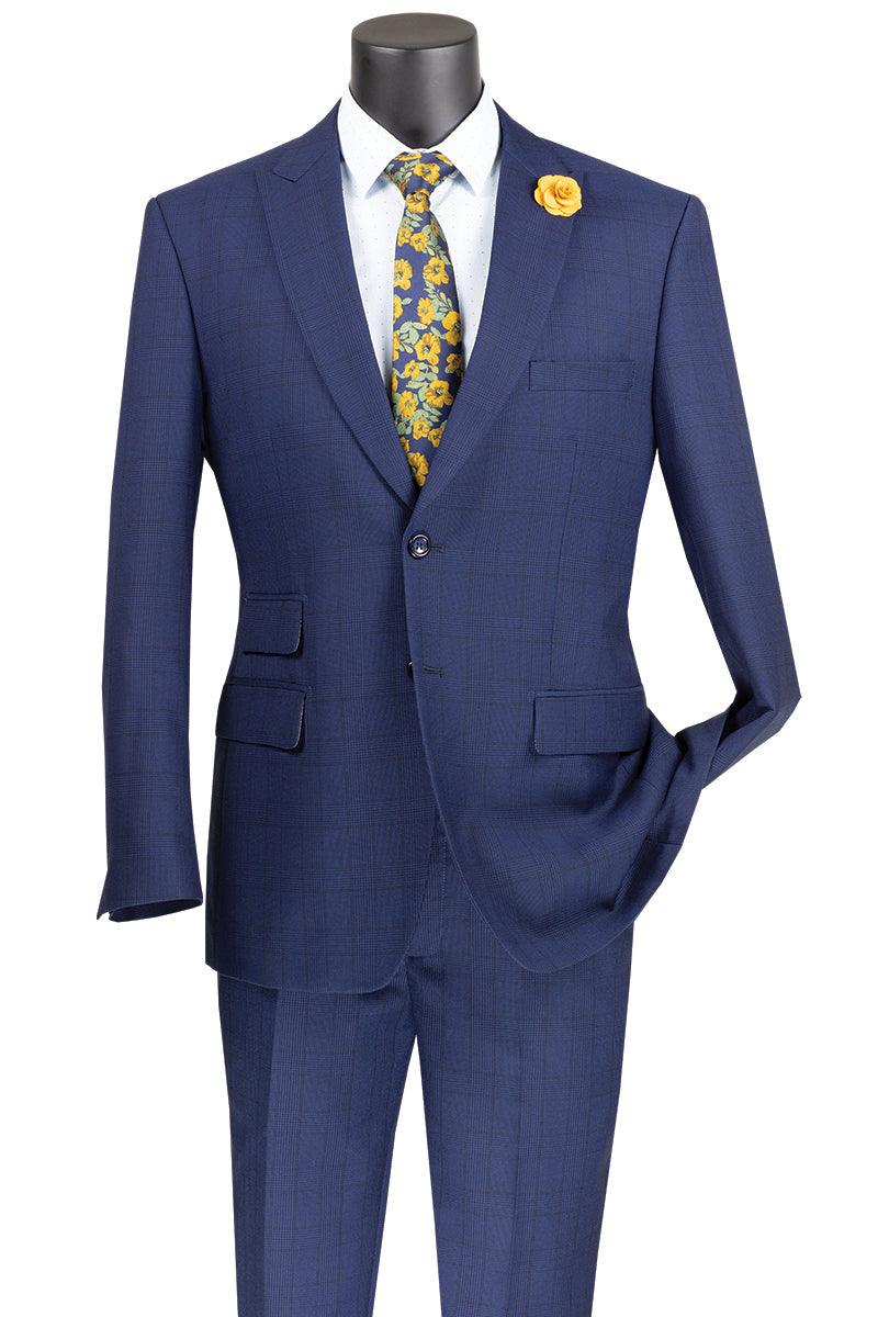 Vinci Men's Plaid 2-Btn Peak Lapel Modern Fit Suit in Blue - Elegant Mensattire