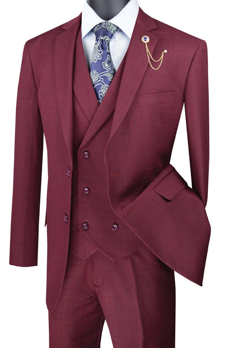 Vinci Men's Plaid 2-Button Burgundy Double-Breasted Vest Suit - Elegant Mensattire