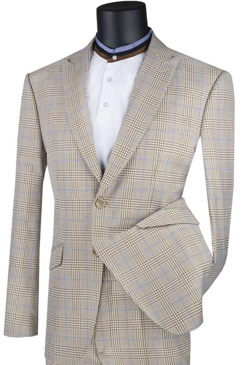 Vinci Men's Plaid Peak Lapel 2-Button Modern Fit Suit - Tan - Elegant Mensattire