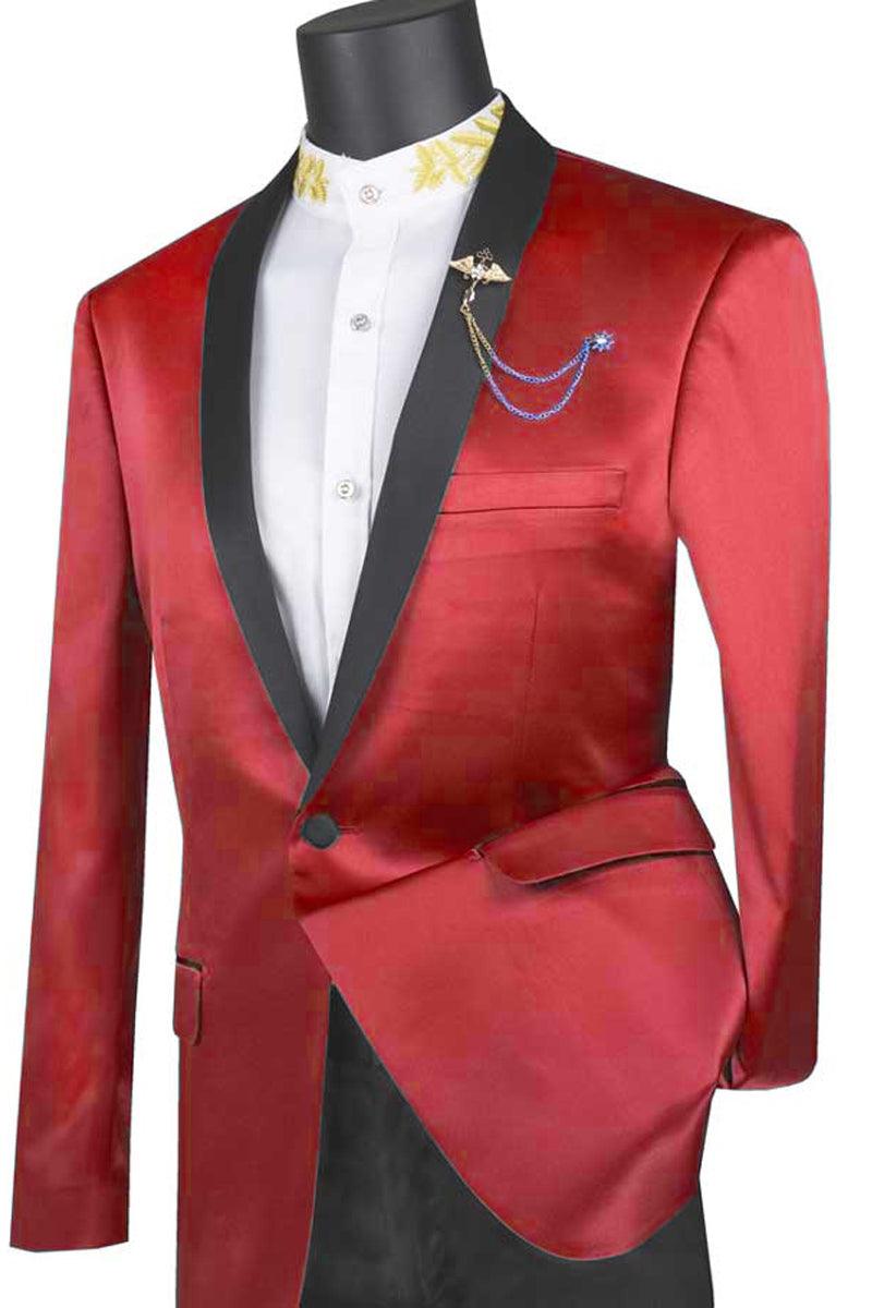 Vinci Men's Red Shiny Satin Tuxedo Jacket, Slim Fit, Single Button. - Elegant Mensattire