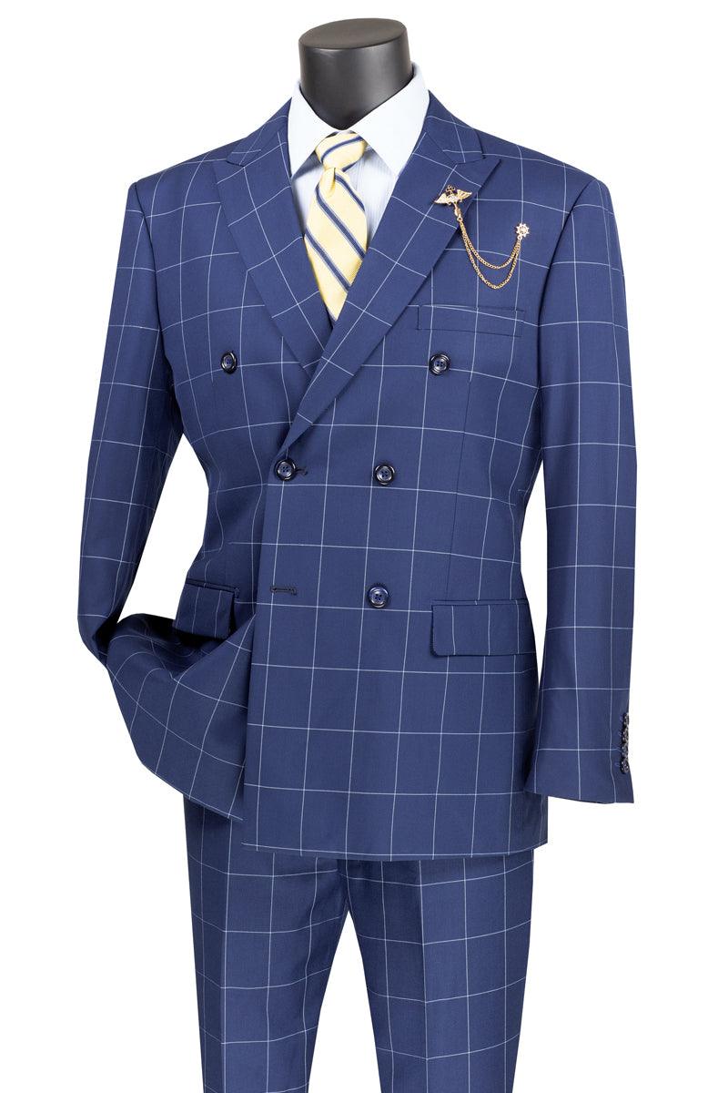 "Vinci Men's Refined Double-Breasted Windowpane Plaid Suit in Blue" - Elegant Mensattire