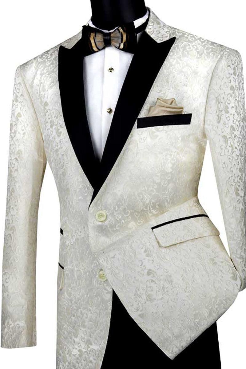 Vinci Men's Regular Fit Sport Coat with Sophisticated Paisley Embroidery, Ivory Tuxedo - Elegant Mensattire