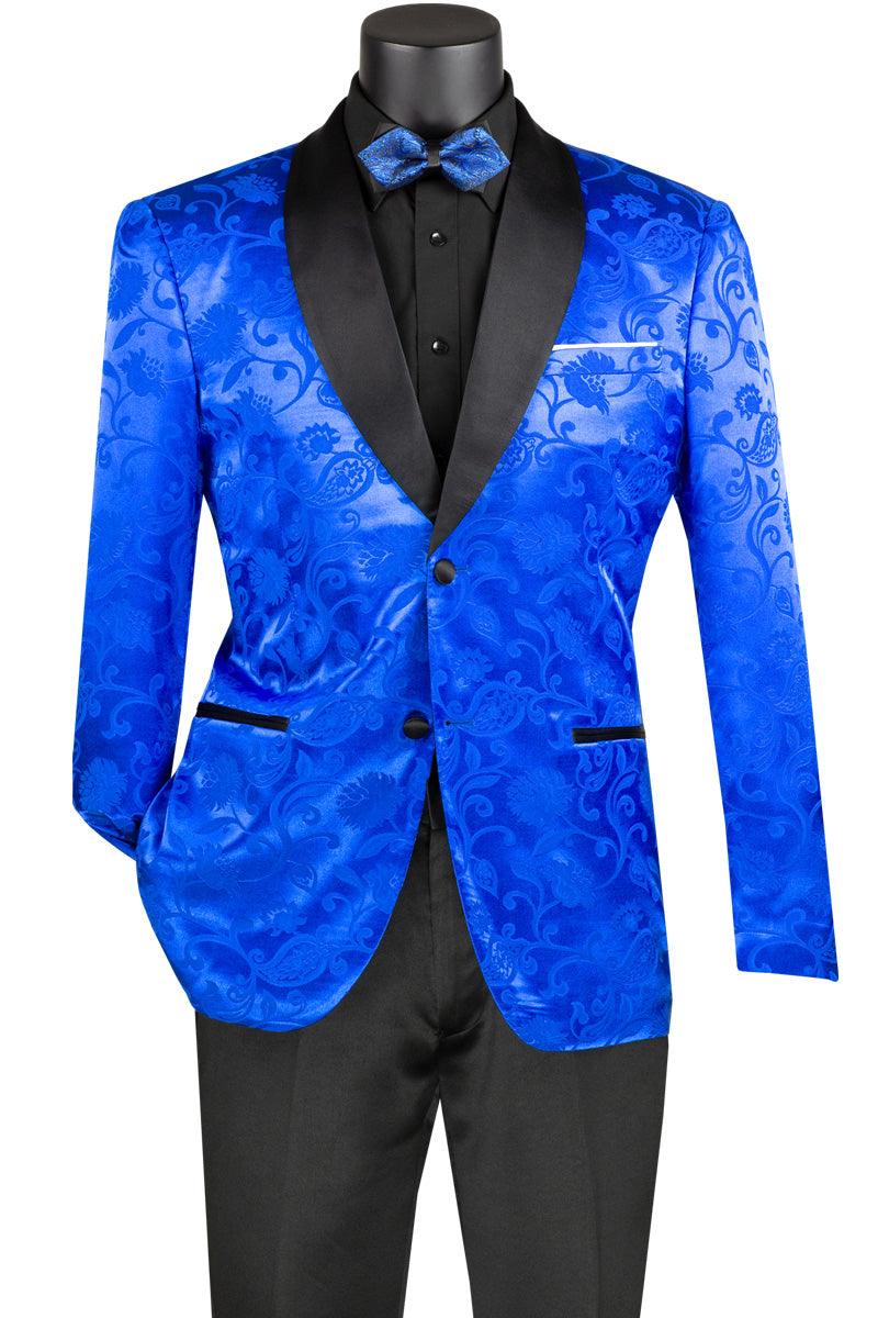 Vinci Men's Royal Blue Slim Jacquard Tonal Paisley Prom Blazer - Elegant Mensattire