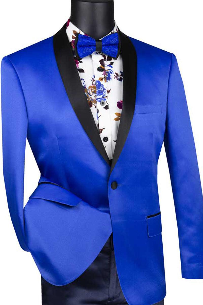 Vinci Men's Royal Blue Slim Shiny Satin 1-Button Tux Jacket - Elegant Mensattire