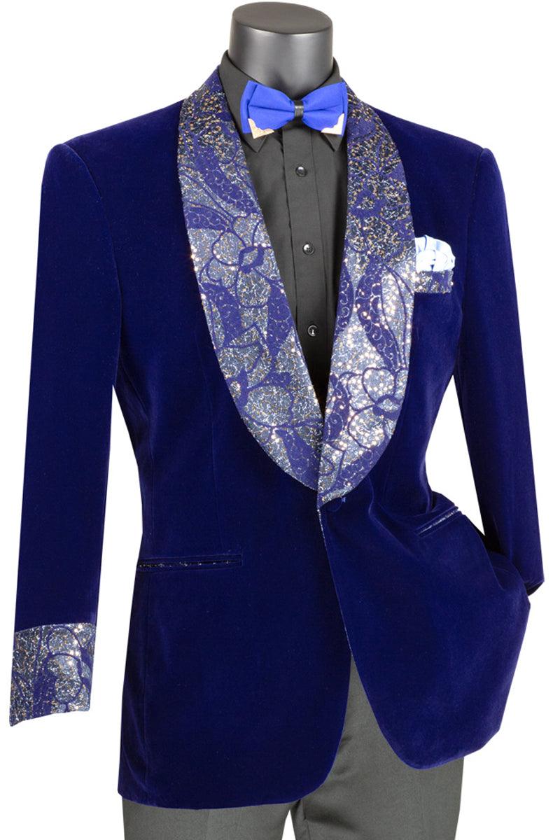 Vinci Men's Royal Blue Velvet Smoking Jacket w/ Glitter Paisley Lapel Cuffs - Elegant Mensattire