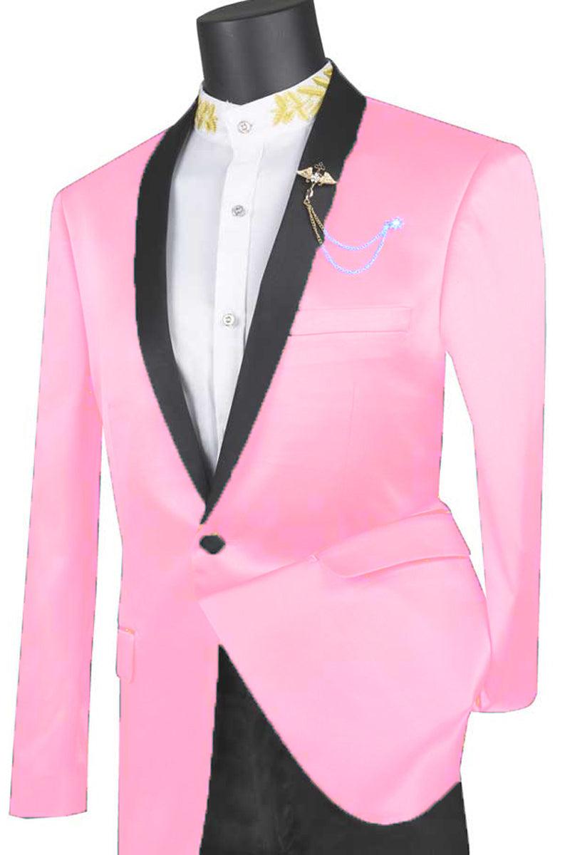 Vinci Men's Shiny Satin Tux Jacket | Slim Fit, One Button, Pink - Elegant Mensattire