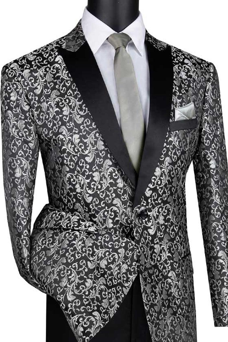 Vinci Men's Silv. Grey Paisleys Splendor Emb. Regular Fit Tuxedo Sport Coat - Elegant Mensattire