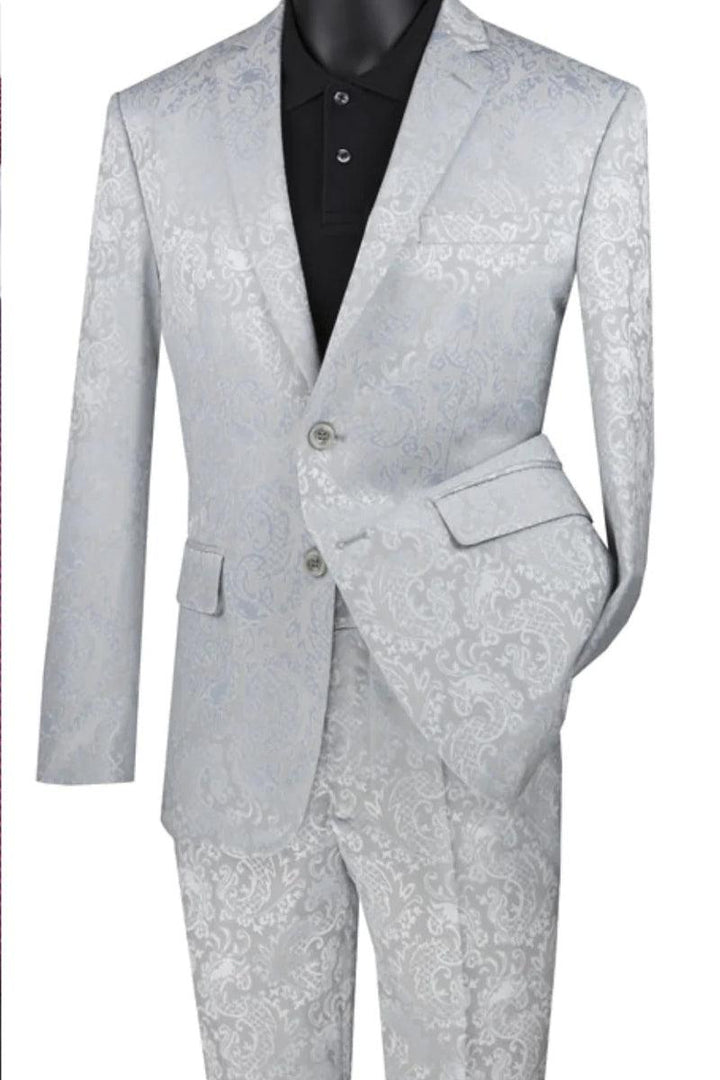 Vinci Men's Silver Grey Slim Fit Shiny Paisley Prom Suit - Elegant Mensattire