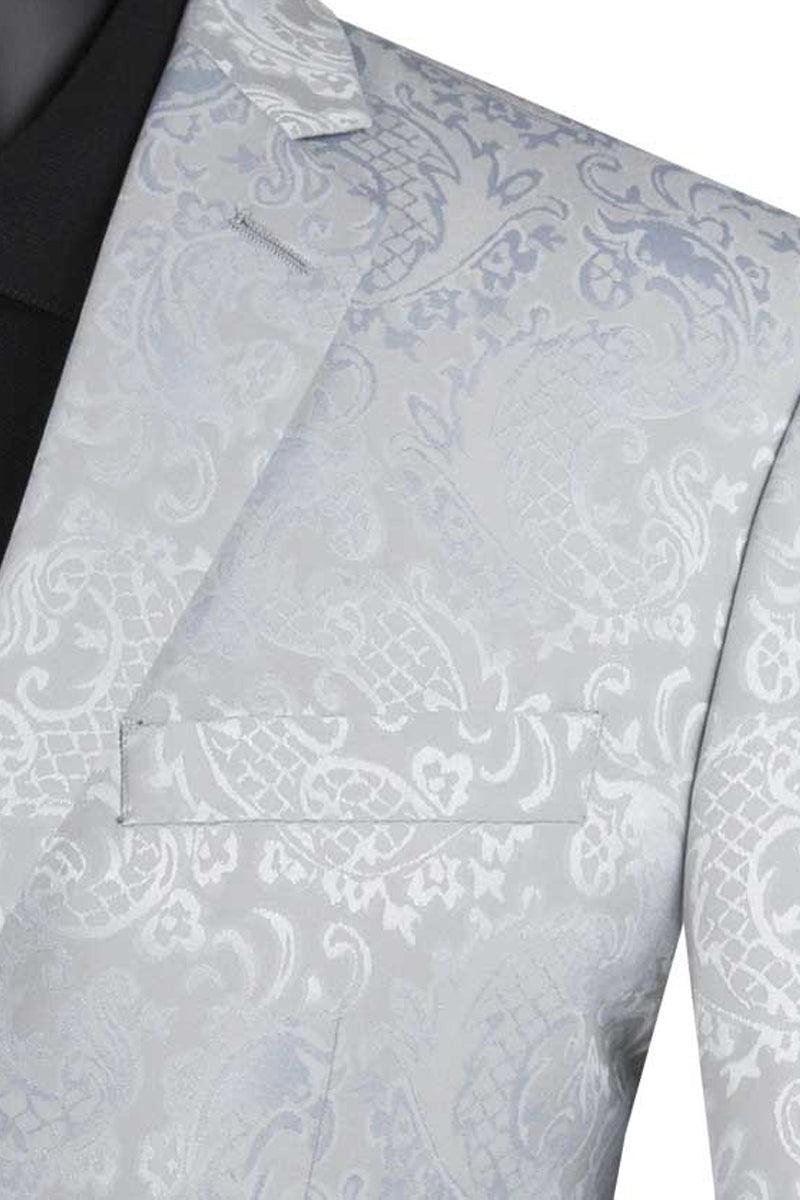 Vinci Men's Silver Grey Slim Fit Shiny Paisley Prom Suit - Elegant Mensattire