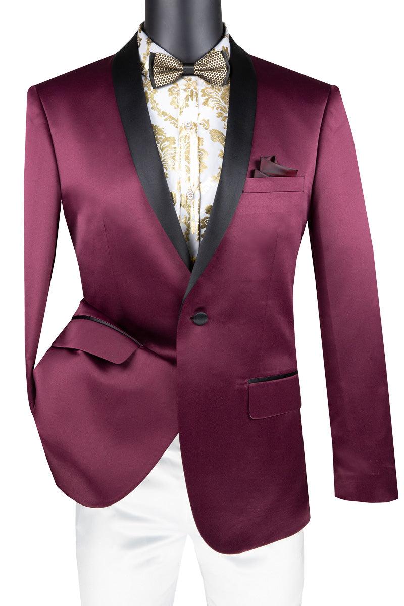 Vinci Men's Slim-Fit Burgundy Shiny Satin Tuxedo Jacket - Elegant Mensattire