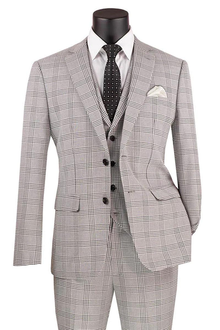 "Vinci Men's Slim-Fit Glen Plaid Summer Suit in Light Grey" - Elegant Mensattire