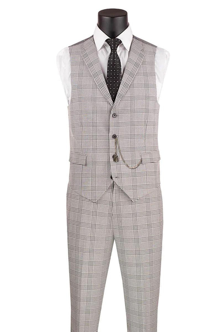 "Vinci Men's Slim-Fit Glen Plaid Summer Suit in Light Grey" - Elegant Mensattire