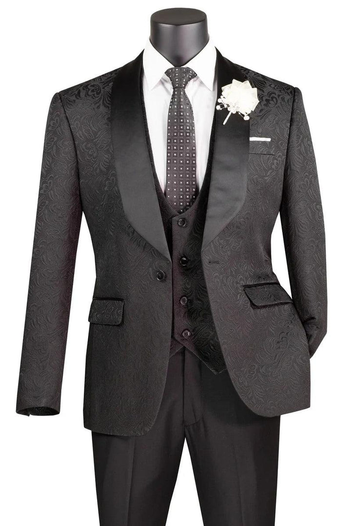 Vinci Men's Slim Fit Paisley Black Vested Wedding Tuxedo - Elegant Mensattire