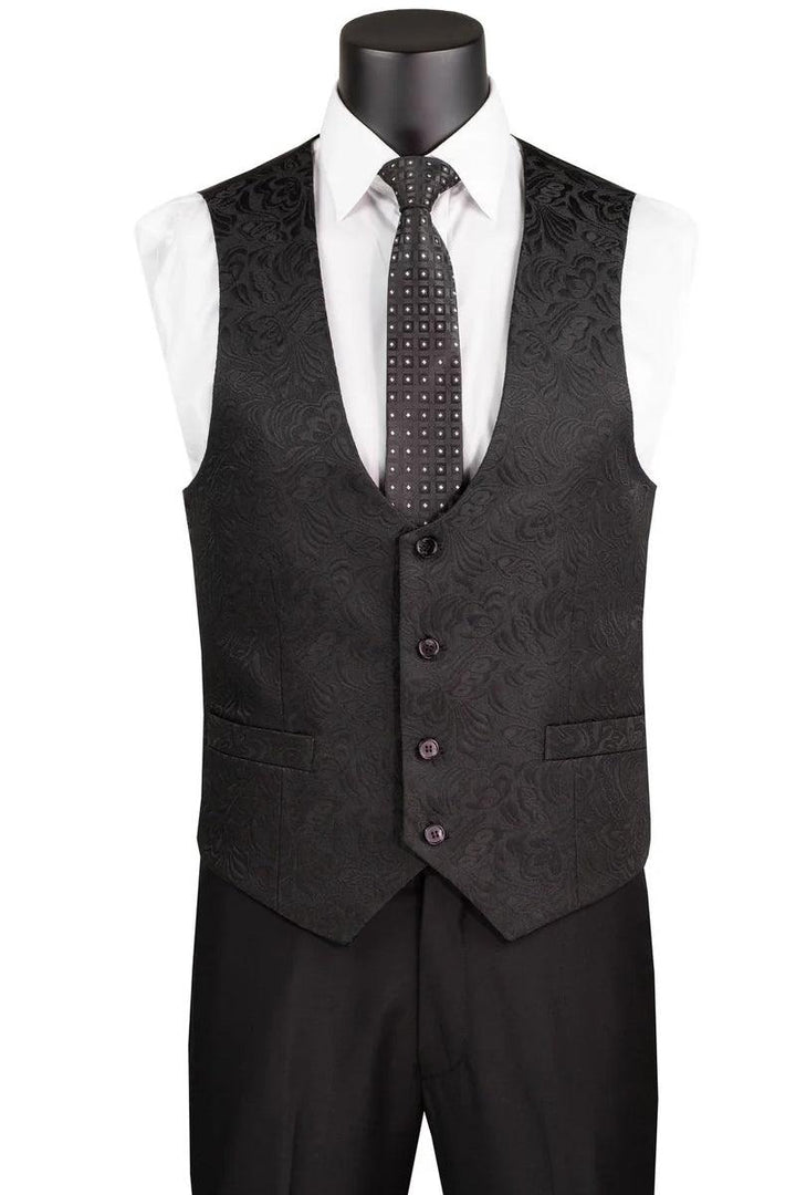 Vinci Men's Slim Fit Paisley Black Vested Wedding Tuxedo - Elegant Mensattire